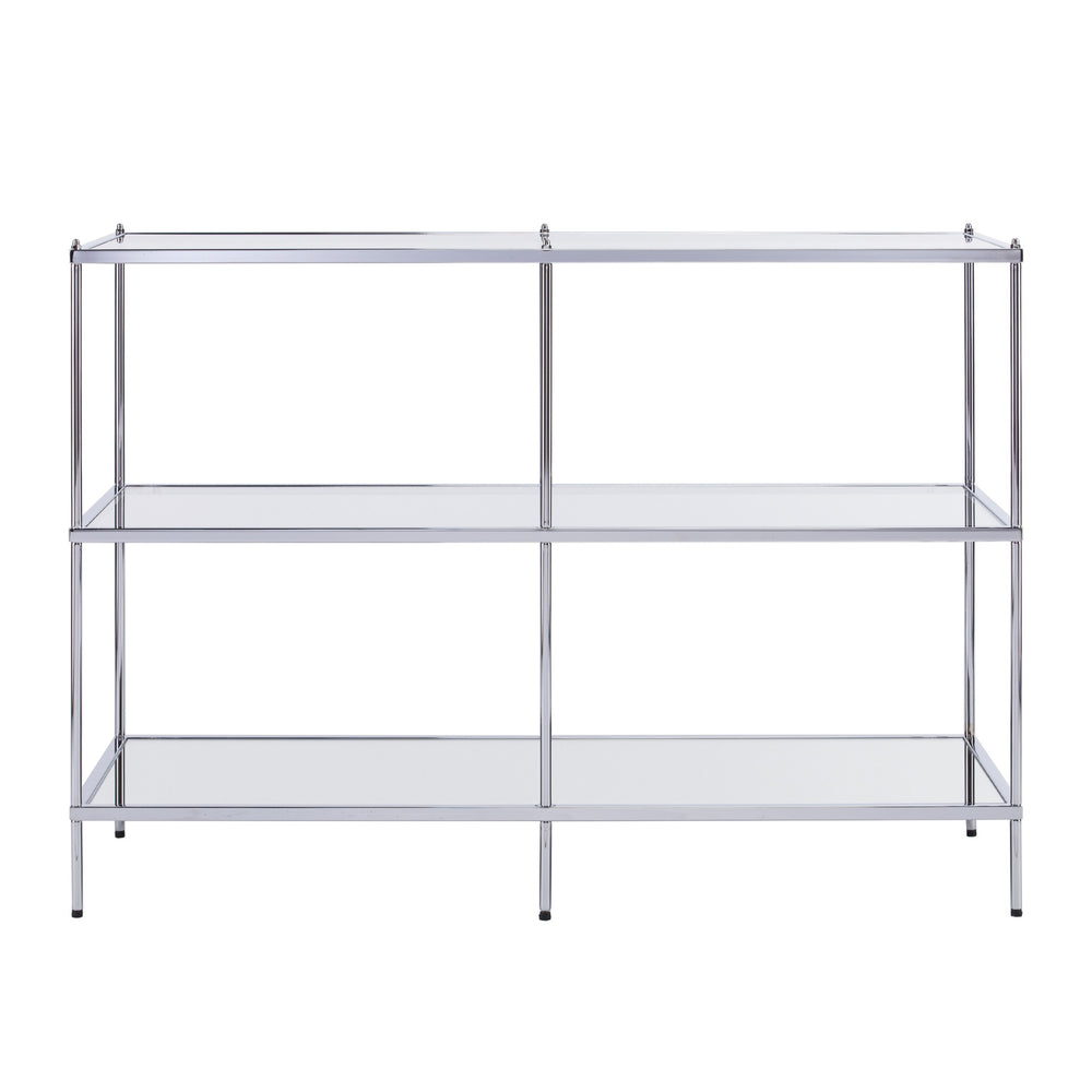 Homeroots 42" Clear And Silver Glass Mirrored Frame Console Table With Shelves   402390