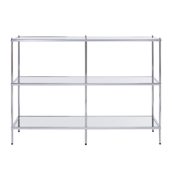 Homeroots 42" Clear And Silver Glass Mirrored Frame Console Table With Shelves   402390