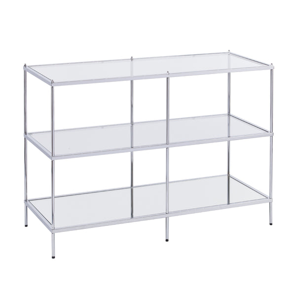 Homeroots 42" Clear And Silver Glass Mirrored Frame Console Table With Shelves   402390