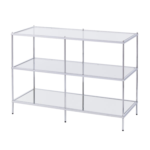 Homeroots 42" Clear And Silver Glass Mirrored Frame Console Table With Shelves   402390