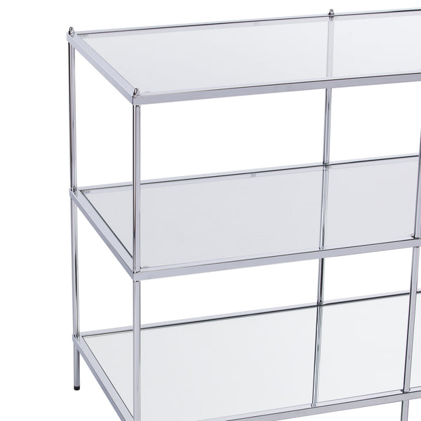 Homeroots 42" Clear And Silver Glass Mirrored Frame Console Table With Shelves   402390