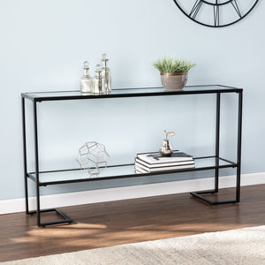 Homeroots 52" Clear And Black Glass Mirrored Sled Console Table With Shelves   402391