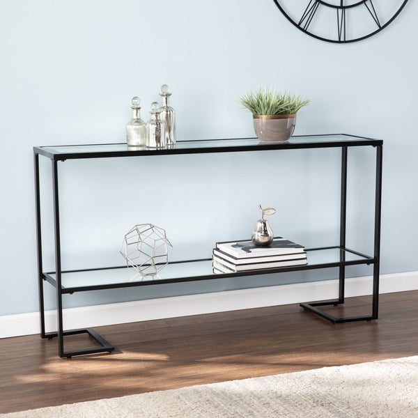 Homeroots 52" Clear And Black Glass Mirrored Sled Console Table With Shelves   402391