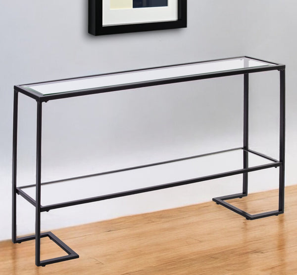 Homeroots 52" Clear And Black Glass Mirrored Sled Console Table With Shelves   402391