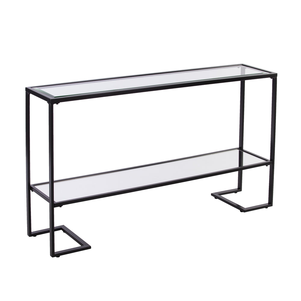 Homeroots 52" Clear And Black Glass Mirrored Sled Console Table With Shelves   402391