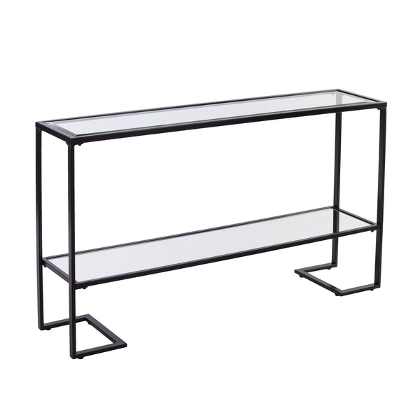 Homeroots 52" Clear And Black Glass Mirrored Sled Console Table With Shelves   402391