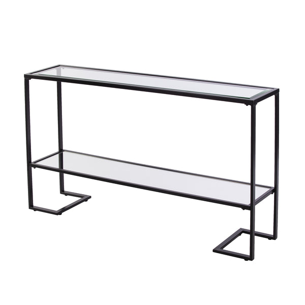 Homeroots 52" Clear And Black Glass Mirrored Sled Console Table With Shelves   402391