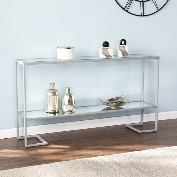 Homeroots 52" Clear And Silver Glass Sled Console Table With Shelves   402392
