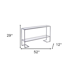 Homeroots 52" Clear And Silver Glass Sled Console Table With Shelves   402392