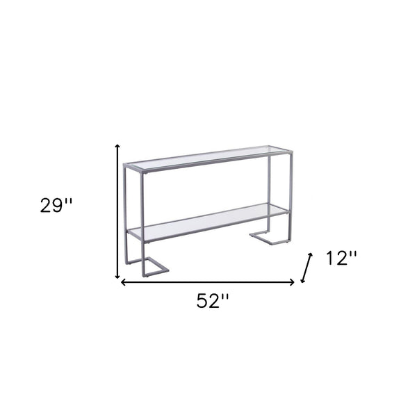 Homeroots 52" Clear And Silver Glass Sled Console Table With Shelves   402392