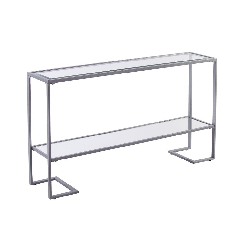 Homeroots 52" Clear And Silver Glass Sled Console Table With Shelves   402392