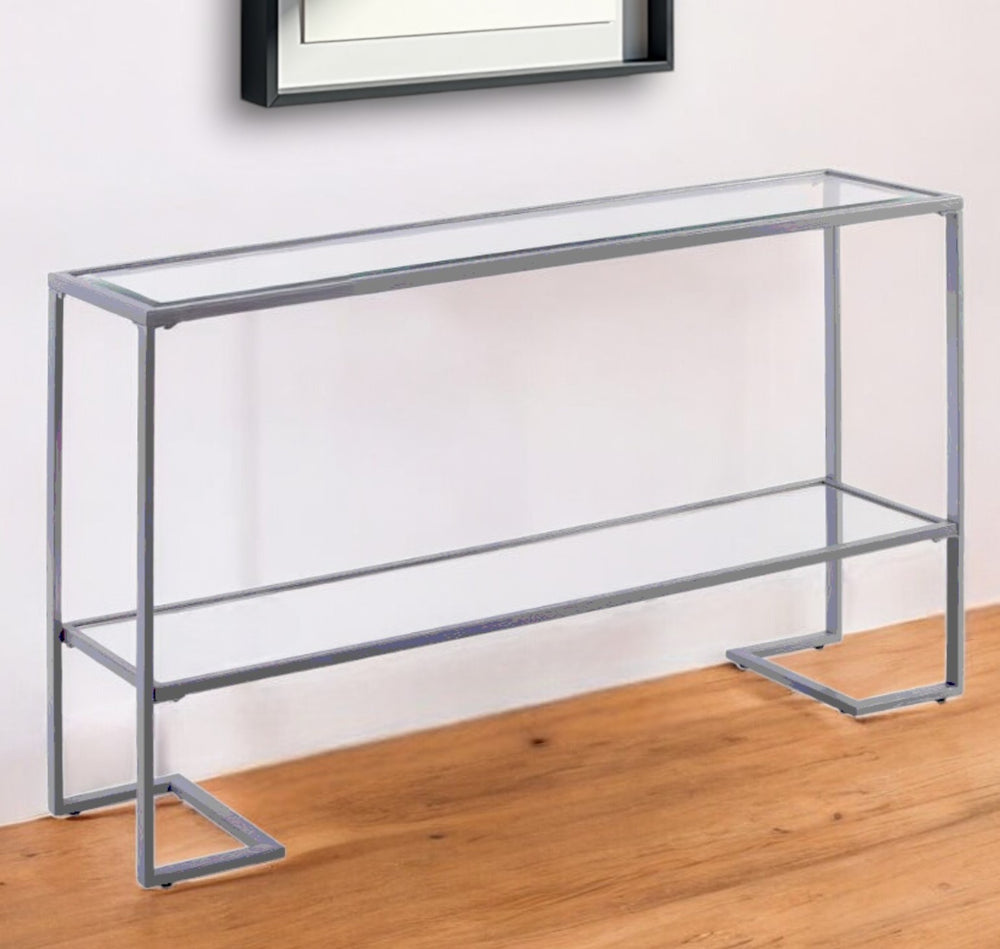 Homeroots 52" Clear And Silver Glass Sled Console Table With Shelves   402392