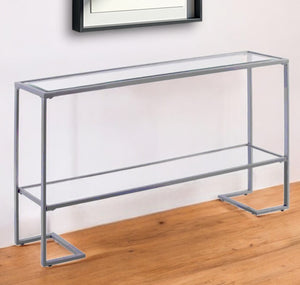 Homeroots 52" Clear And Silver Glass Sled Console Table With Shelves   402392