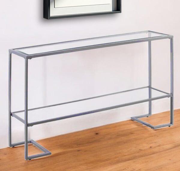 Homeroots 52" Clear And Silver Glass Sled Console Table With Shelves   402392