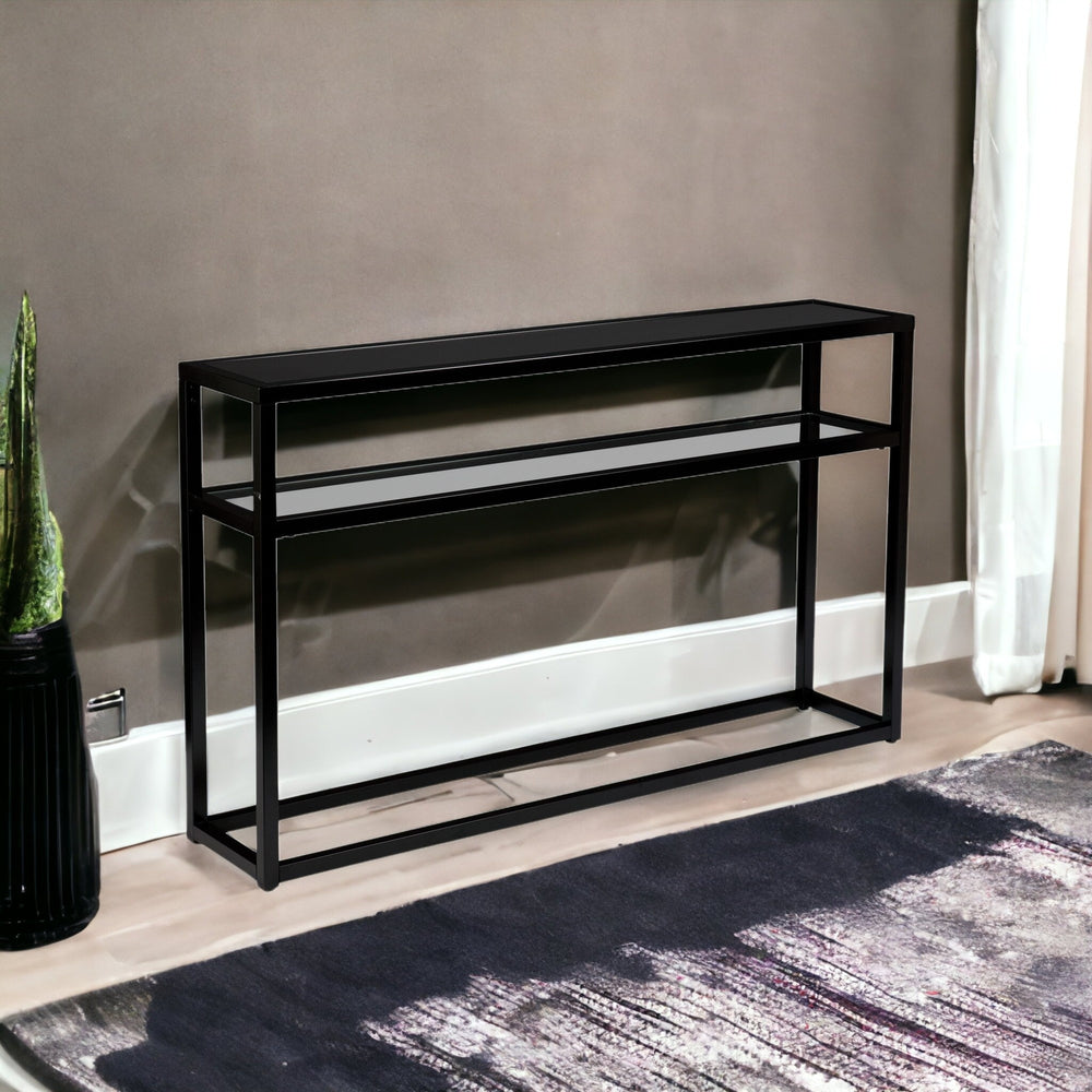 Homeroots 50" Black Glass Frame Console Table With Shelves   402393