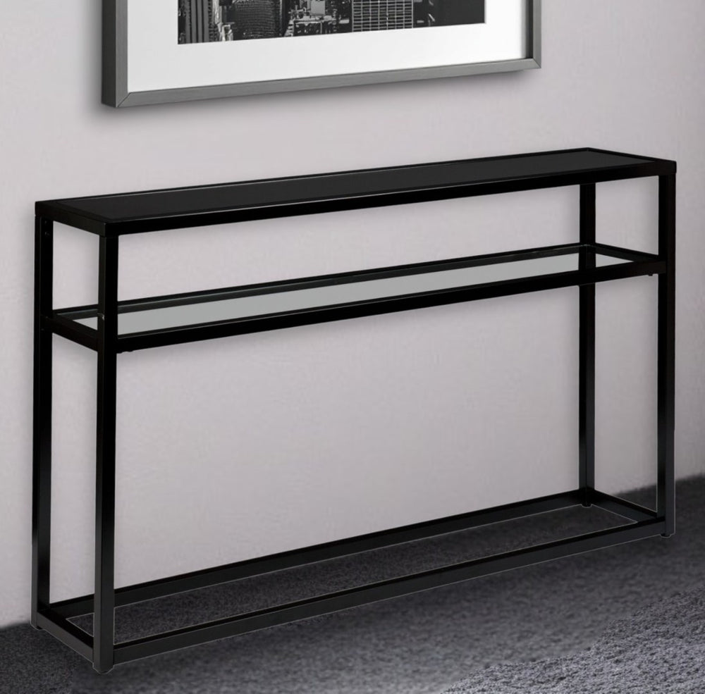 HomeRoots 50" Sleek Black Glass Console Table with Stylish Shelves - Perfect for Modern Spaces & Storage 402393