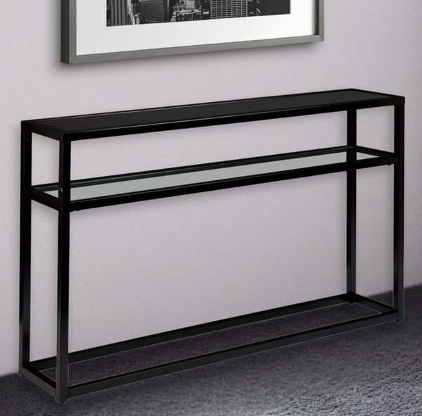 HomeRoots 50" Sleek Black Glass Console Table with Stylish Shelves - Perfect for Modern Spaces & Storage 402393