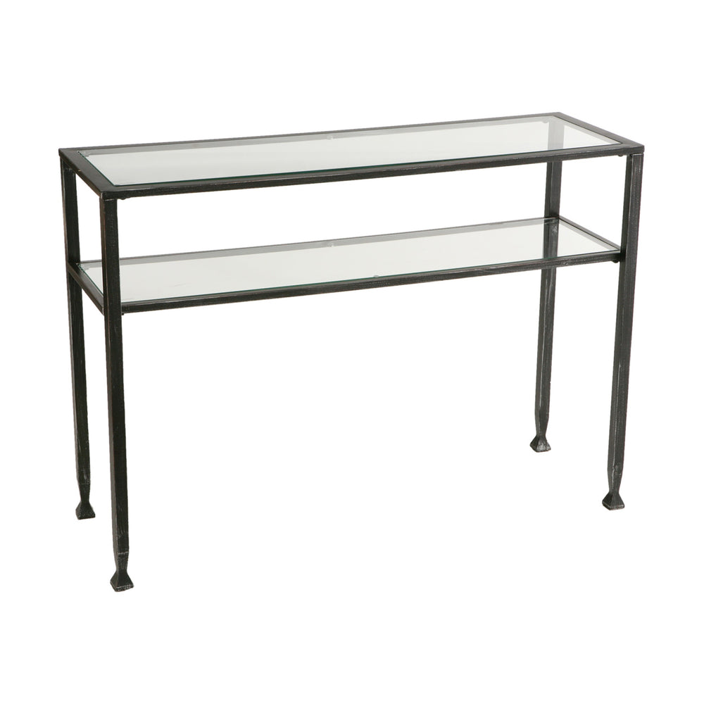 Homeroots 43" Clear And Black And Silver Glass Distressed Console Table With Storage   402395