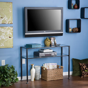 Homeroots 43" Clear And Black And Silver Glass Distressed Console Table With Storage   402395