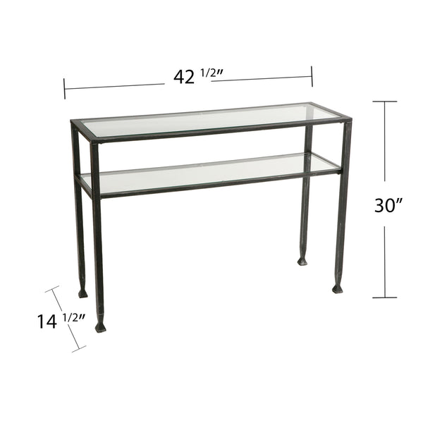 Homeroots 43" Clear And Black And Silver Glass Distressed Console Table With Storage   402395