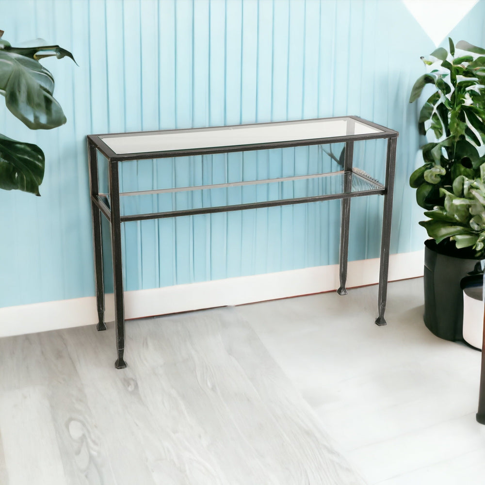 Homeroots 43" Clear And Black And Silver Glass Distressed Console Table With Storage   402395