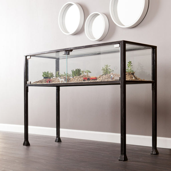 Homeroots 43" Clear And Black Glass Distressed Console Table With Storage   402396