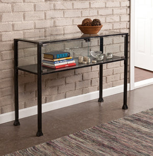 Homeroots 43" Clear And Black Glass Distressed Console Table With Storage   402396