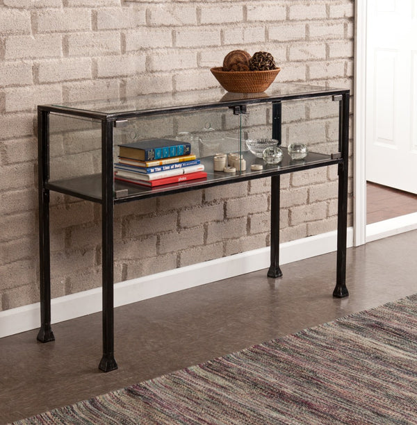 Homeroots 43" Clear And Black Glass Distressed Console Table With Storage   402396