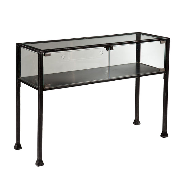 Homeroots 43" Clear And Black Glass Distressed Console Table With Storage   402396