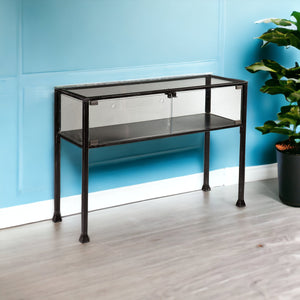 Homeroots 43" Clear And Black Glass Distressed Console Table With Storage   402396