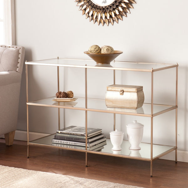 Homeroots 42" Clear And Gold Glass Mirrored Frame Console Table With Shelves   402397