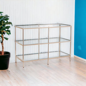 Homeroots 42" Clear And Gold Glass Mirrored Frame Console Table With Shelves   402397