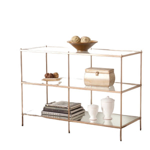 Homeroots 42" Clear And Gold Glass Mirrored Frame Console Table With Shelves   402397
