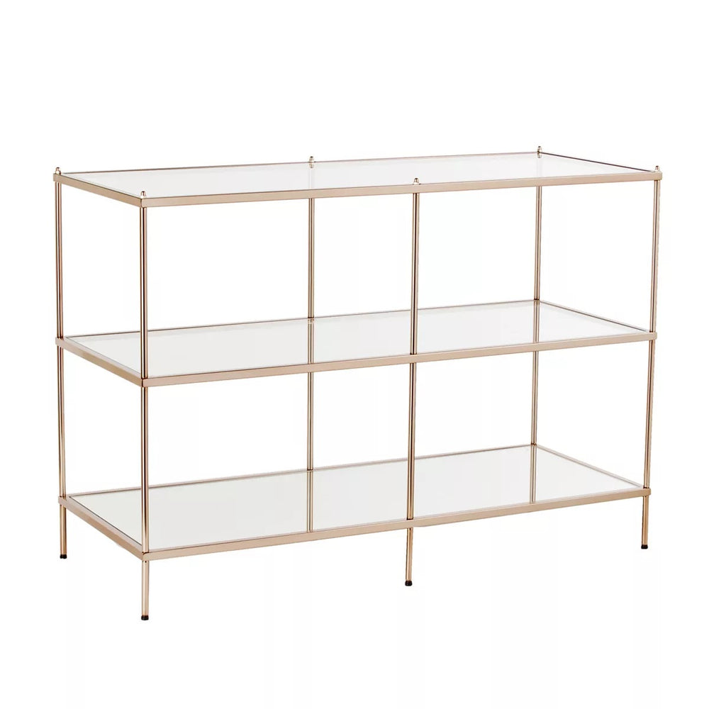 Homeroots 42" Clear And Gold Glass Mirrored Frame Console Table With Shelves   402397