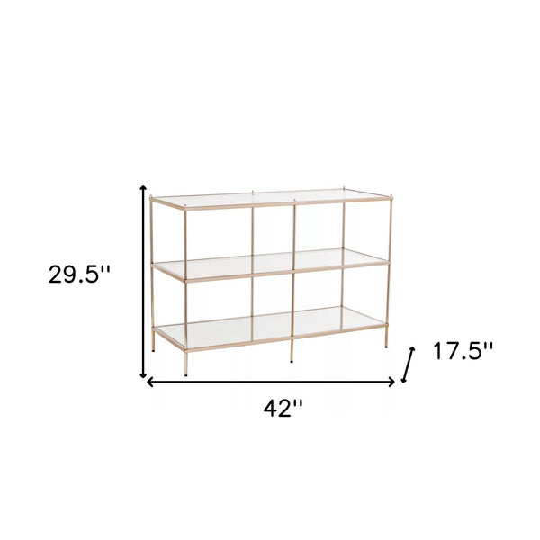 Homeroots 42" Clear And Gold Glass Mirrored Frame Console Table With Shelves   402397