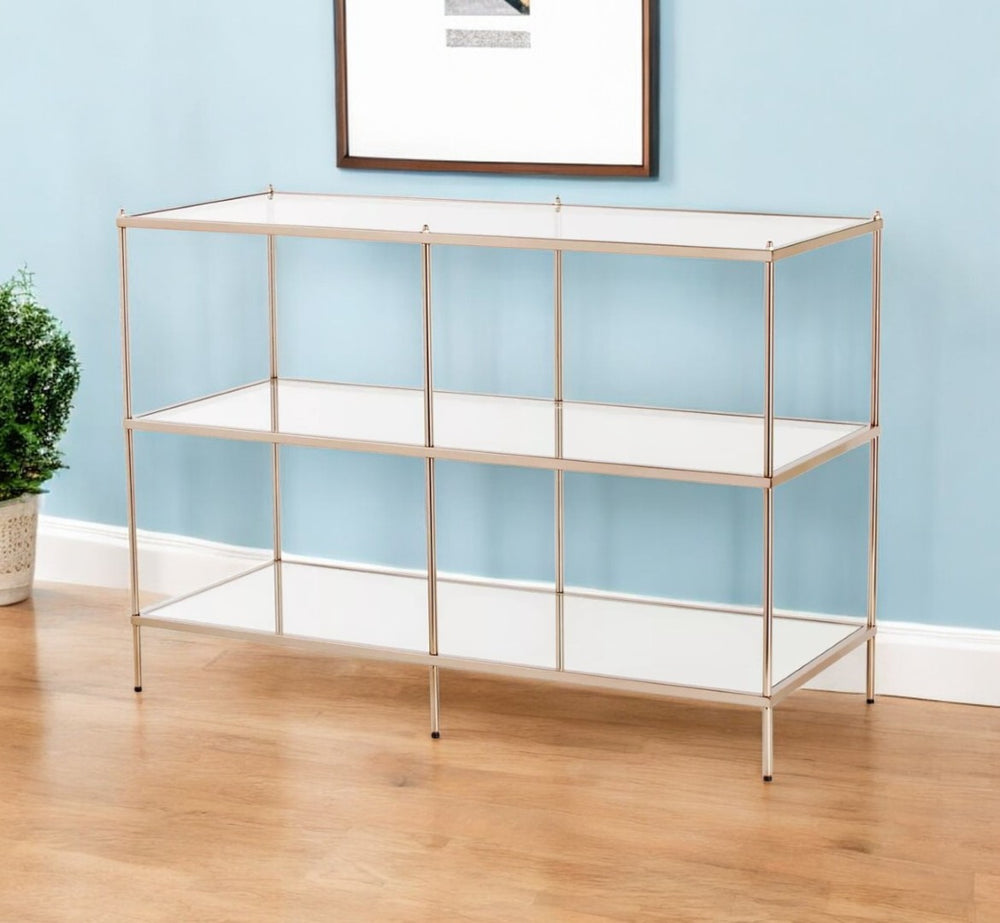 HomeRoots 42" Elegant Clear Glass Console Table with Gold Frame & Mirrored Shelves - Modern Glam Decor Piece 402397