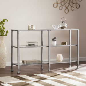 Homeroots 49" Clear And Silver Glass Distressed Frame Console Table With Shelves   402399
