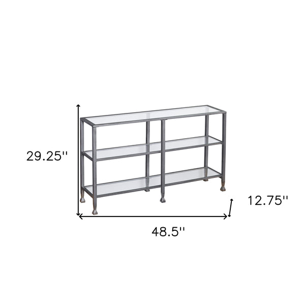 Homeroots 49" Clear And Silver Glass Distressed Frame Console Table With Shelves   402399