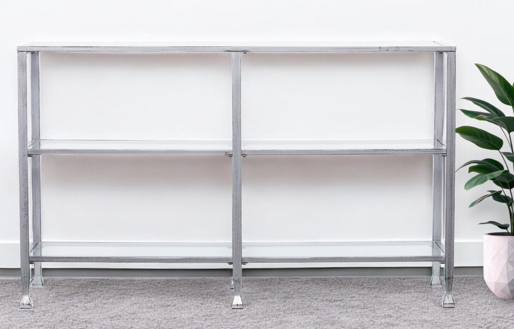 HomeRoots 49" Elegant Clear Glass Console Table with Distressed Silver Frame, Ample Shelving for Storage & Décor 402399