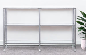 HomeRoots 49" Elegant Clear Glass Console Table with Distressed Silver Frame, Ample Shelving for Storage & Décor 402399