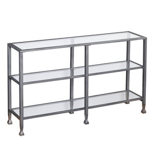 Homeroots 49" Clear And Silver Glass Distressed Frame Console Table With Shelves   402399
