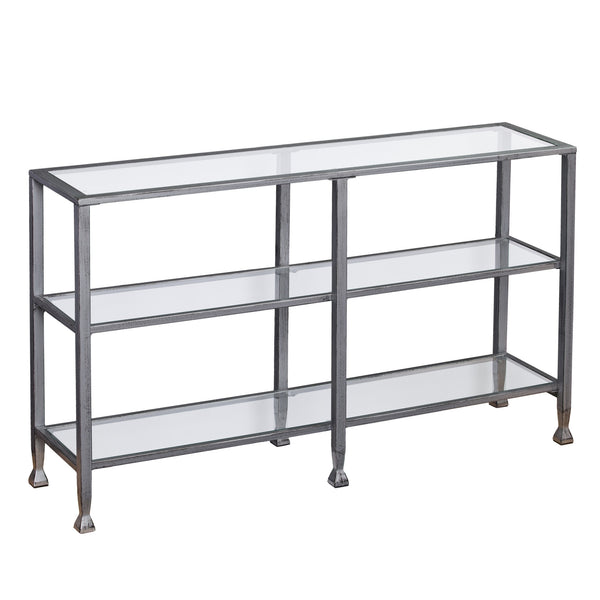Homeroots 49" Clear And Silver Glass Distressed Frame Console Table With Shelves   402399