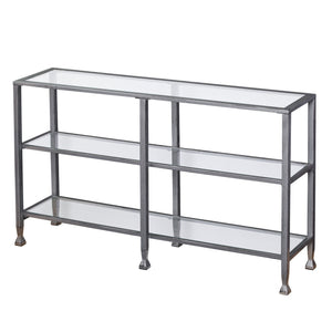 Homeroots 49" Clear And Silver Glass Distressed Frame Console Table With Shelves   402399
