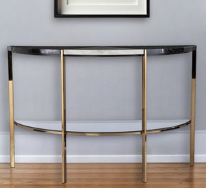 Homeroots 44" Black White And Champagne Faux Marble Half Moon Console Table With Shelves   402402