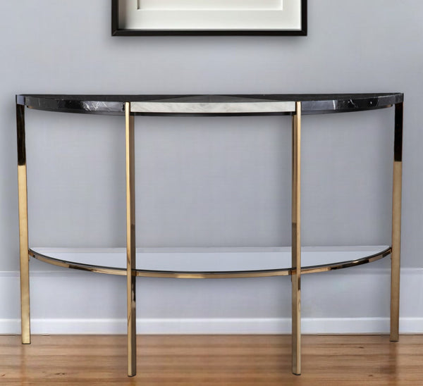 Homeroots 44" Black White And Champagne Faux Marble Half Moon Console Table With Shelves   402402