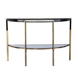Homeroots 44" Black White And Champagne Faux Marble Half Moon Console Table With Shelves   402402