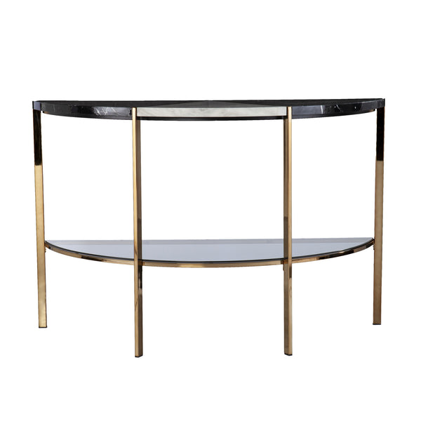 Homeroots 44" Black White And Champagne Faux Marble Half Moon Console Table With Shelves   402402