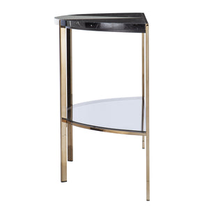 Homeroots 44" Black White And Champagne Faux Marble Half Moon Console Table With Shelves   402402