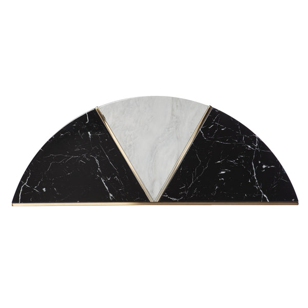 Homeroots 44" Black White And Champagne Faux Marble Half Moon Console Table With Shelves   402402