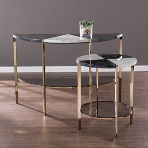 Homeroots 44" Black White And Champagne Faux Marble Half Moon Console Table With Shelves   402402